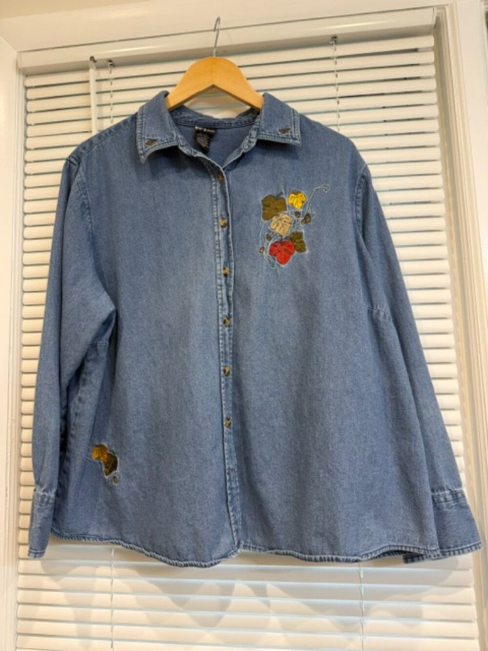 Vintage 90s Fall Leaves Embroidered Cotton Button Down Shirt Blue 2X - Picture 3 of 16